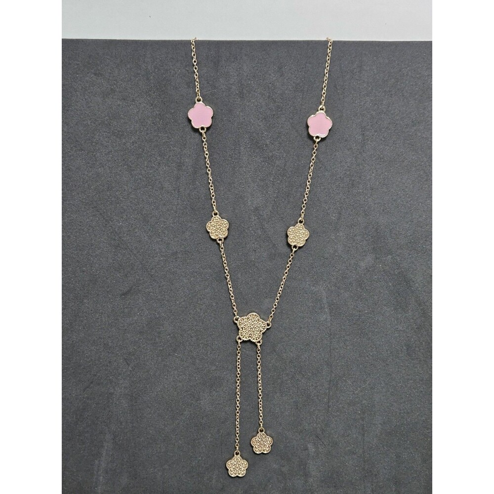 Jardin Enamel & Textured Clover Lariat Necklace Gold & Pink
